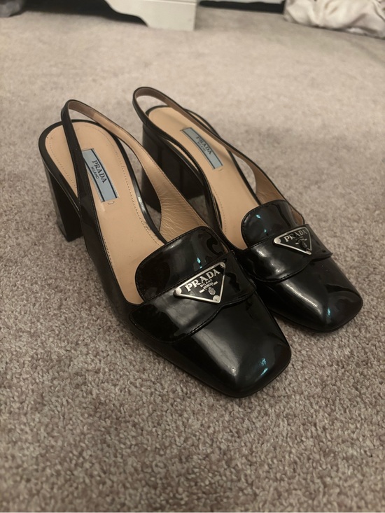 Prada Shoes - Prada Black Patent Leather Slingback Block Heels